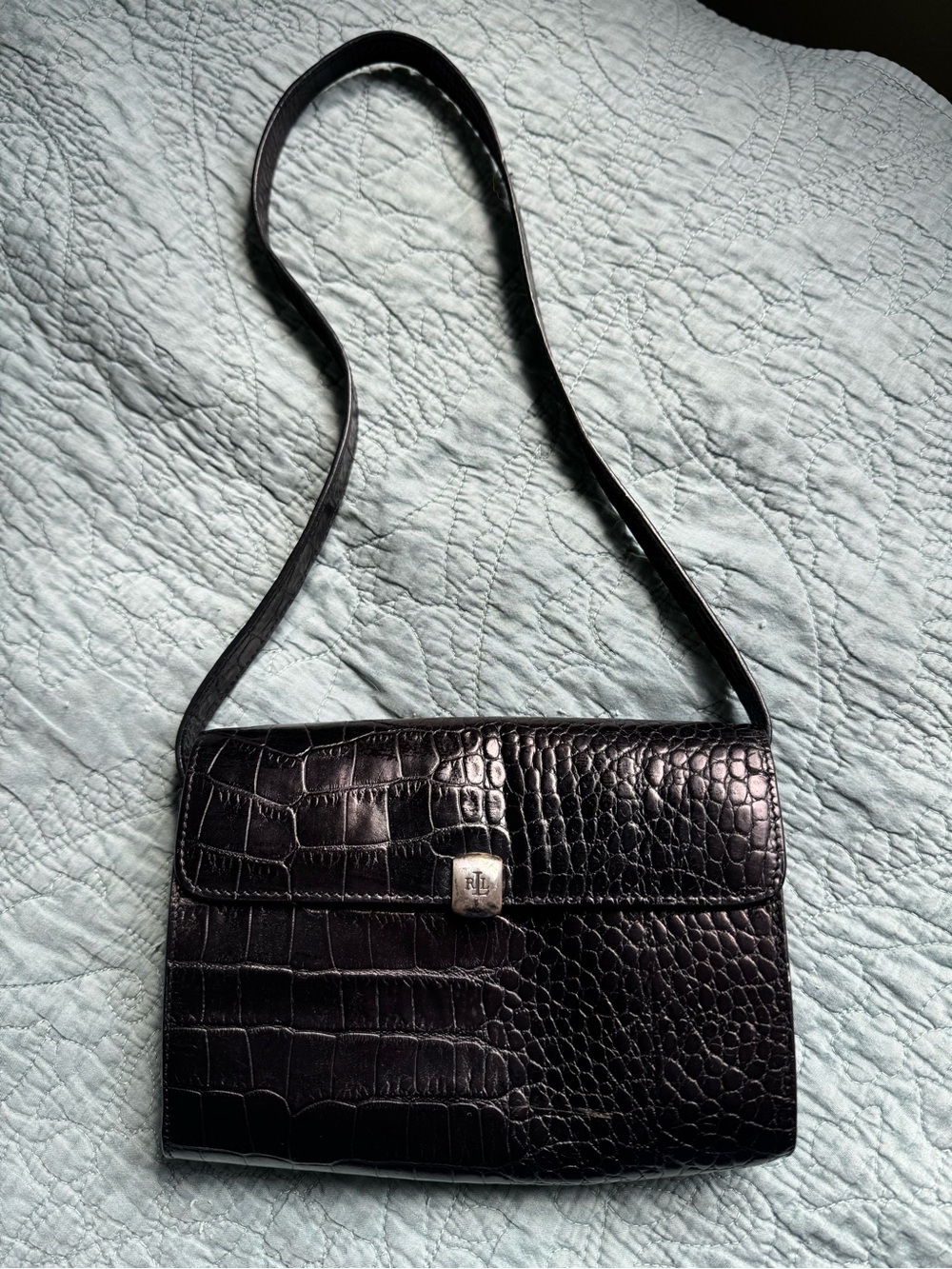 Lauren Ralph Lauren Black Crocodile Pochette  Purse